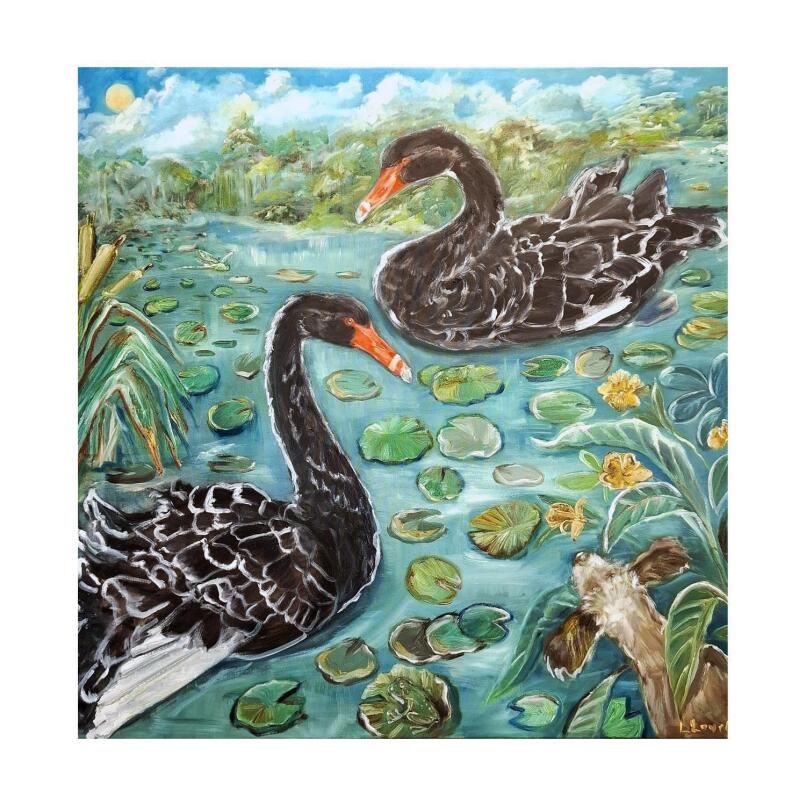 LIZ LOVELL Swans in lily pond with curious dog