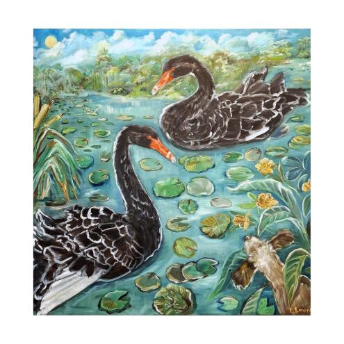 LIZ LOVELL Swans in lily pond with curious dog