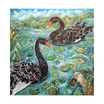 LIZ LOVELL Swans in lily pond with curious dog