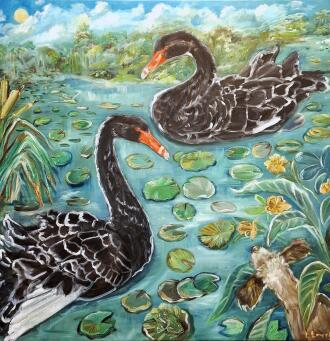 LIZ LOVELL Swans in lily pond with curious dog - 3