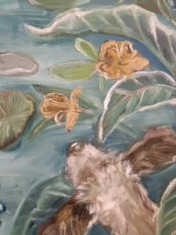 LIZ LOVELL Swans in lily pond with curious dog - 4
