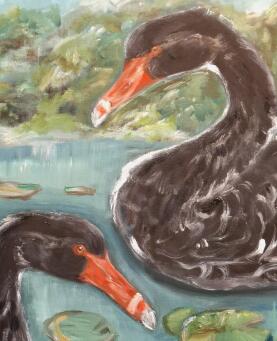 LIZ LOVELL Swans in lily pond with curious dog - 5