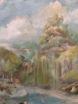 LIZ LOVELL Swans in lily pond with curious dog - 6