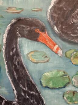 LIZ LOVELL Swans in lily pond with curious dog - 7