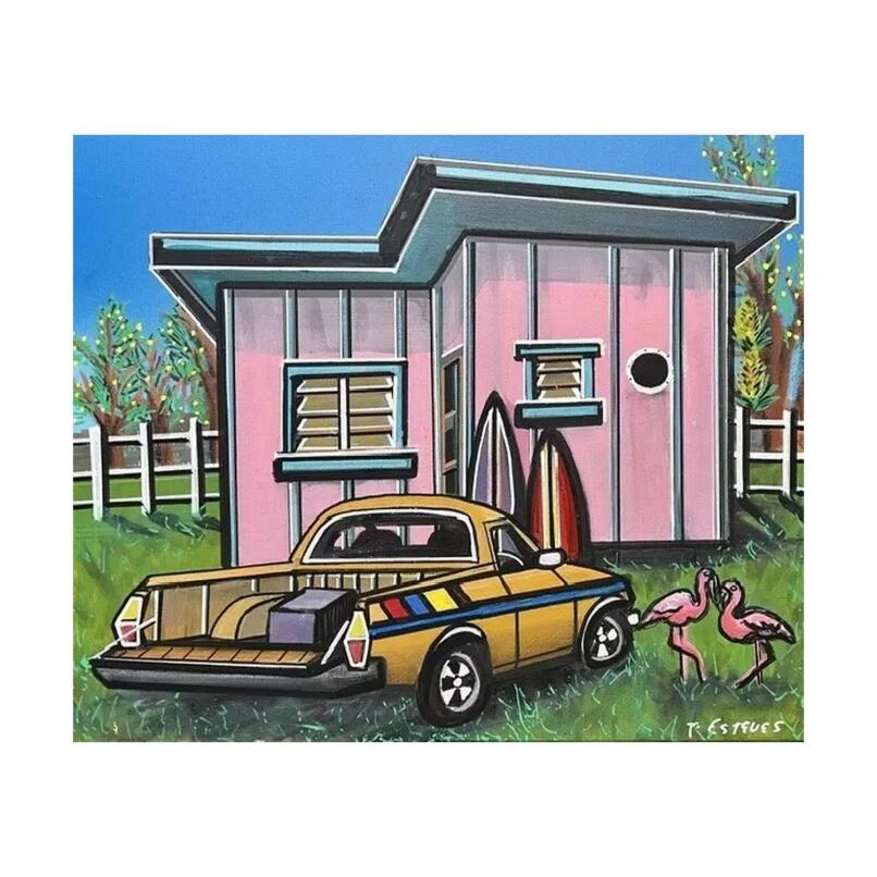 TRACEY ESTEVES &ldquo;Pink Paradise &ndash; Retro Coastal Surf Shack Painting with Classic Car