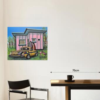 TRACEY ESTEVES &ldquo;Pink Paradise &ndash; Retro Coastal Surf Shack Painting with Classic Car - 2
