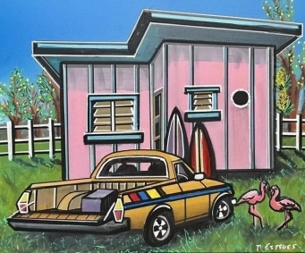 TRACEY ESTEVES &ldquo;Pink Paradise &ndash; Retro Coastal Surf Shack Painting with Classic Car - 3