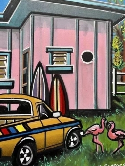 TRACEY ESTEVES &ldquo;Pink Paradise &ndash; Retro Coastal Surf Shack Painting with Classic Car - 4
