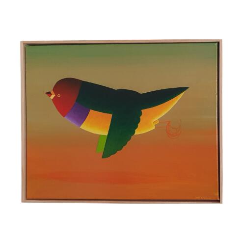 JOHN GRAHAM Gouldian finch across yellow desert