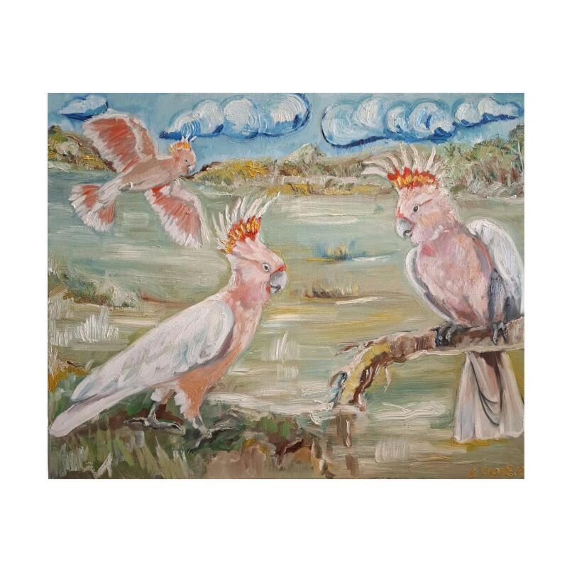 LIZ LOVELL Major Mitchell Cockatoos by the Waters Edge