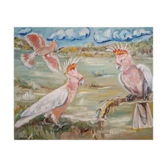 LIZ LOVELL Major Mitchell Cockatoos by the Waters Edge